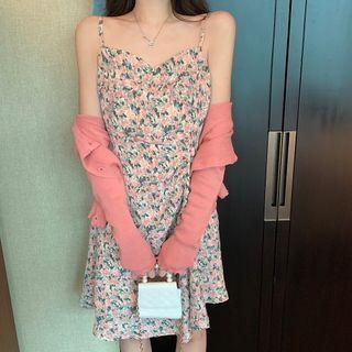 Short-sleeve Floral Print A-line Dress / Cropped Cardigan