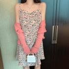 Short-sleeve Floral Print A-line Dress / Cropped Cardigan