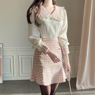 Frilled Tweed-collar Faux-pearl Blouse