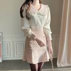 Frilled Tweed-collar Faux-pearl Blouse