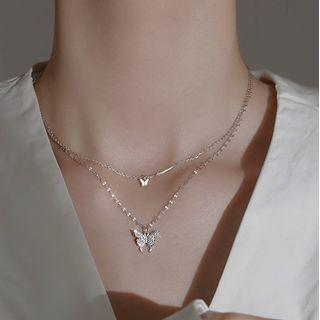 Butterfly Rhinestone Pendant Layered Sterling Silver Choker Silver - One Size