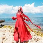 Set: Long-sleeve Cold-shoulder Asymmetric Hem Maxi A-line Dress + Cape