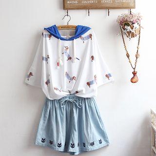 Set: 3/4-sleeve Dog Print Hoodie + Denim Shorts