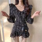 Long-sleeve Floral Drawstring Mini Mermaid Dress