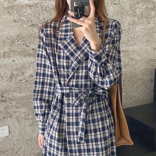 Notch Lapel Plaid Tie-waist Midi A-line Dress