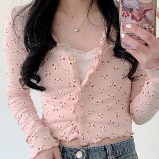 Floral Printed Skinny Single-breasted Long-sleeve Top