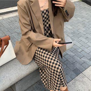 Plain Blazer / Spaghetti Strap Plaid Midi Dress
