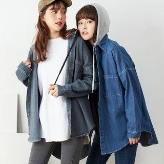 Detachable-hood Denim Button Jacket