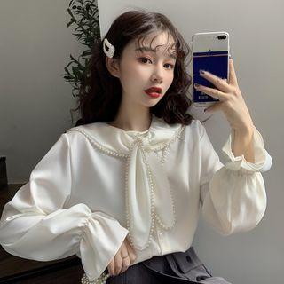Faux Pearl Ribbon Bell-sleeve Blouse