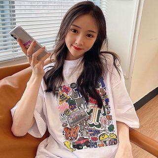 Cartoon Print Half-zip Short-sleeve T-shirt