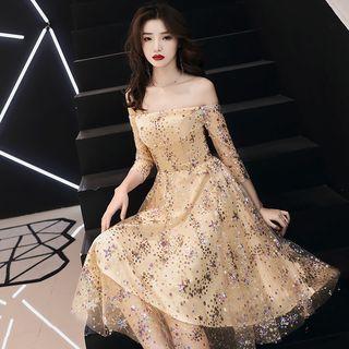 Sequin Off-shoulder 3/4-sleeve A-line Cocktail Dress