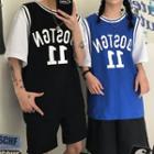 Elbow-sleeve Mock Two-piece Letter Print T-shirt