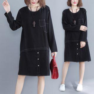 Long-sleeve A-line T-shirt Dress Black - One Size