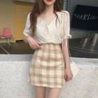 V-neck Eyelet Top / Plaid A-line Skirt