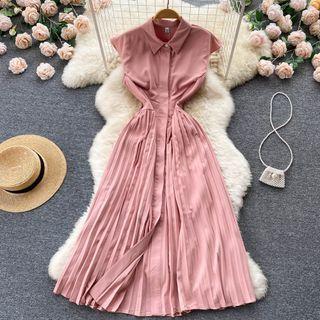 Sleeveless Pleated Midi A-line Shirt Dress