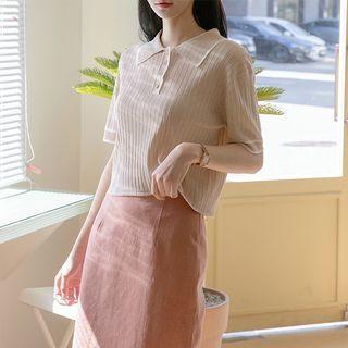 Piped Cropped Rib-knit Polo Shirt
