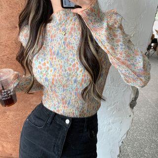 Long-sleeve Floral Printed Ruffle Trim Top