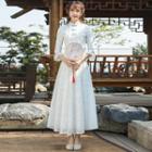 Bell-sleeve Frog-button Top / Maxi A-line Skirt / Set