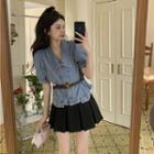 Short-sleeve Denim Shirt / Pleated Skirt