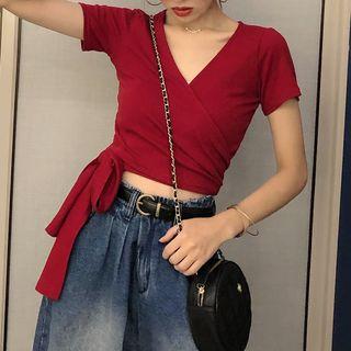 Tie-back V-neck Short Sleeve T-shirt