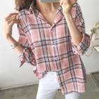 Drop-shoulder Plaid Dip-back Shirt Pink - One Size