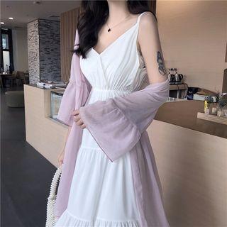 Spaghetti-strap A-line Midi Dress / Long Chiffon Jacket