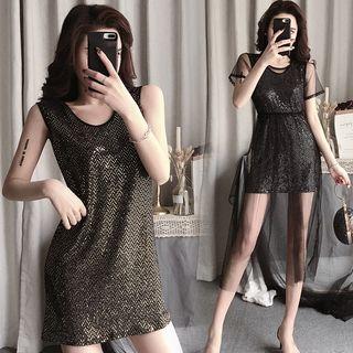 Set: Glitter Sleeveless Dress + Mesh Short-sleeve Midi Dress