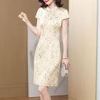 Cap-sleeve Mandarin Collar Floral Print Mini A-line Dress