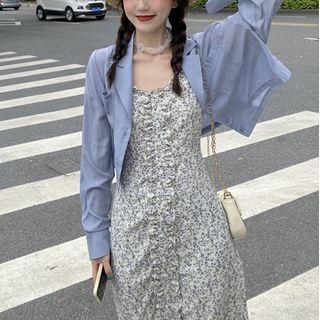 Strappy Floral Midi A-line Dress / Plain Shirt