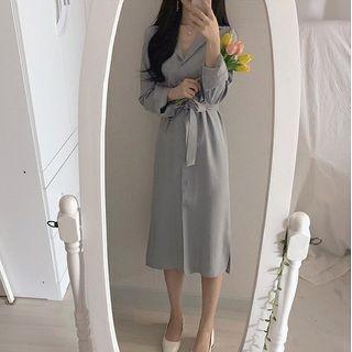 Plain Long-sleeve Midi Shirtdress With Sash