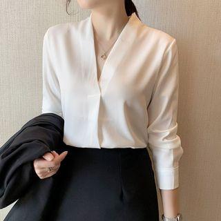 Long-sleeve V-neck Plain Loose Fit Chiffon Shirt