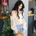 Long-sleeve Cold Shoulder Ruffled Chiffon Blouse Almond - One Size
