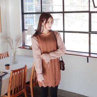 Pleated Mesh-sleeve Cable-knit Dress