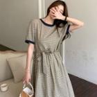 Puff-sleeve Contrast Trim Plaid Midi Dress