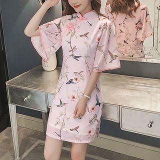 Bird Print Elbow Sleeve Chiffon Dress