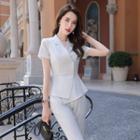 Short-sleeve V-neck Blouse / Mini Pencil Skirt / Cropped Dress Pants