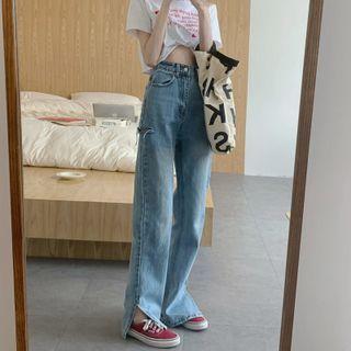 High Waist Distressed Slit Jeans