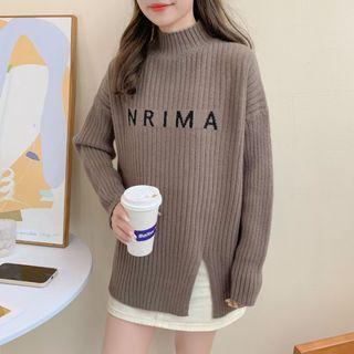 Mock-neck Lettering Slit Sweater
