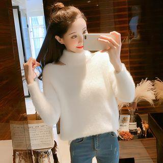 Mock Neck Cutout Furry Sweater