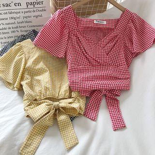 Plaid Wrap Tie-back Crop Top