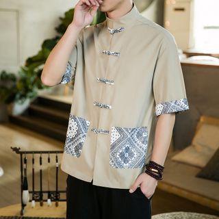 Short-sleeve Paisley Print Panel Frog-button Shirt