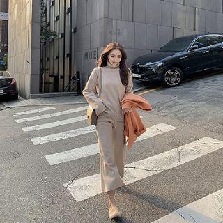 Set: Turtle-neck Sweater + Wide-leg Knit Pants