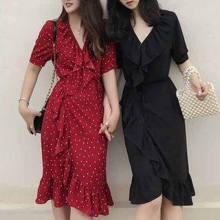 Ruffle Trim V-neck Short-sleeve Chiffon Dress