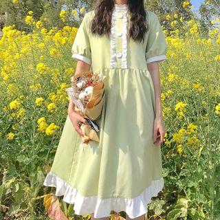 Short-sleeve Ruffle Midi A-line Dress Light Green - One Size