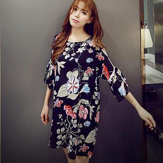 Elbow-sleeve Printed Chiffon Dress