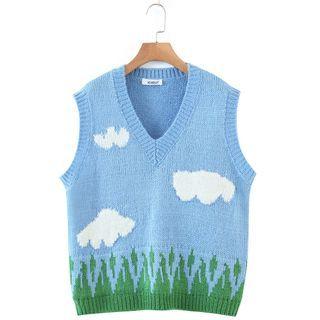Cloud Pattern Sweater Vest White Cloud- Blue - One Size
