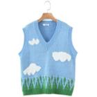 Cloud Pattern Sweater Vest White Cloud- Blue - One Size