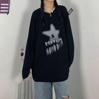 Long Sleeve Round Neck Star Letter Print T-shirt