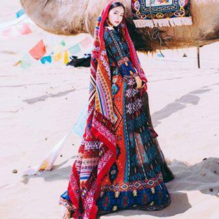 3/4-sleeve Print Maxi Dress / Headscarf / Top / Set