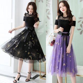 Cold Shoulder Lace Panel Print Mesh Midi Dress
